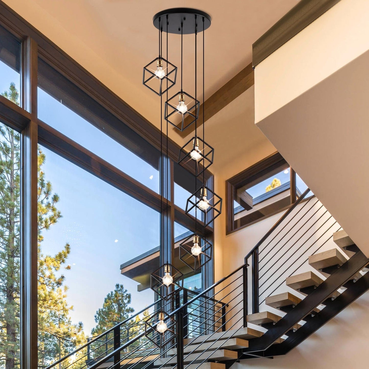 Geometric Pendant Chandelier for Stairway / Staircase, Adjustable Height 5 or 7 Light Cluster