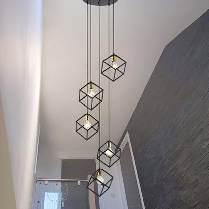 Geometric Pendant Chandelier for Stairway / Staircase, Adjustable Height 5 or 7 Light Cluster