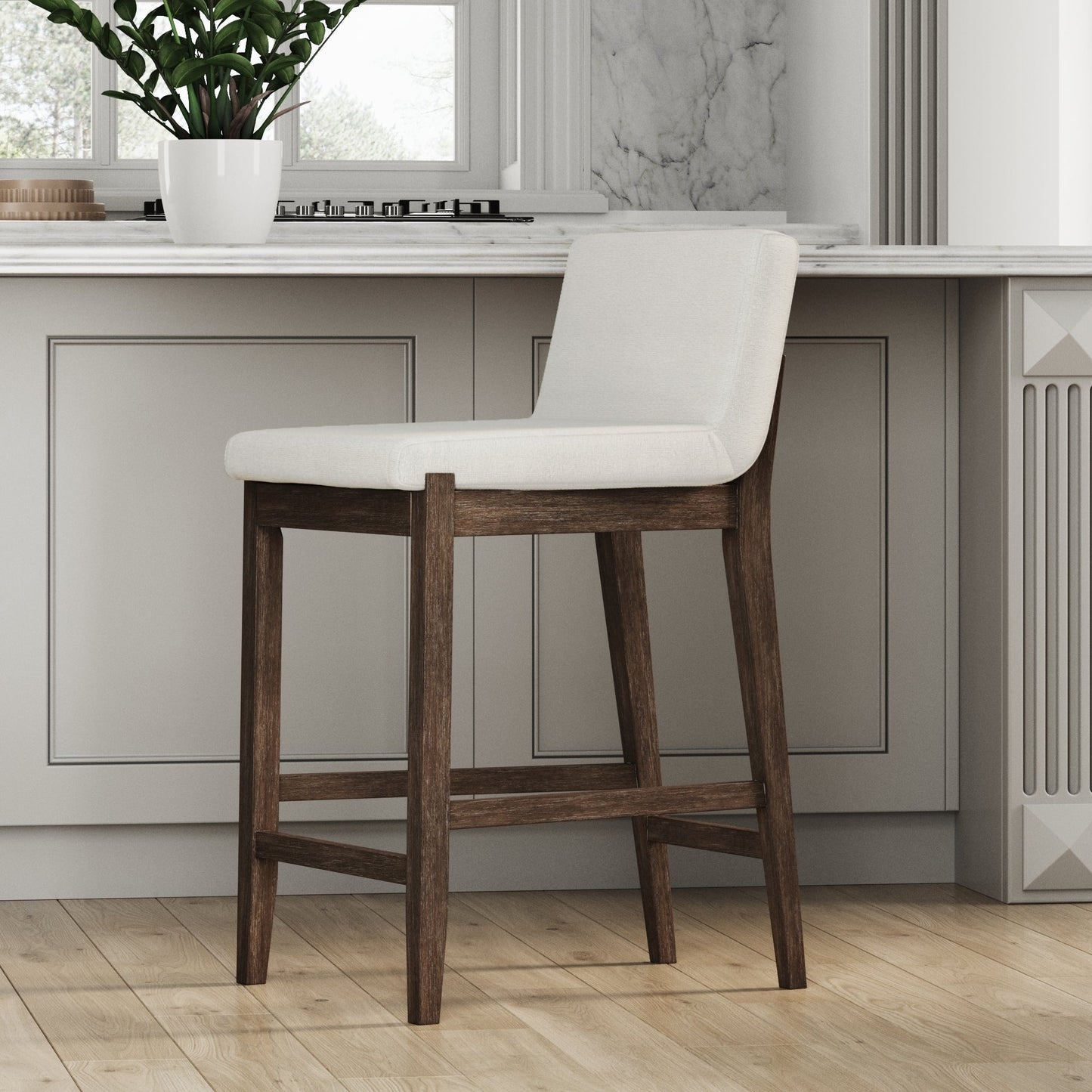 Gracie Modern Bar Stool, Boucle Upholstered Chair and Brushed Wooden Legs