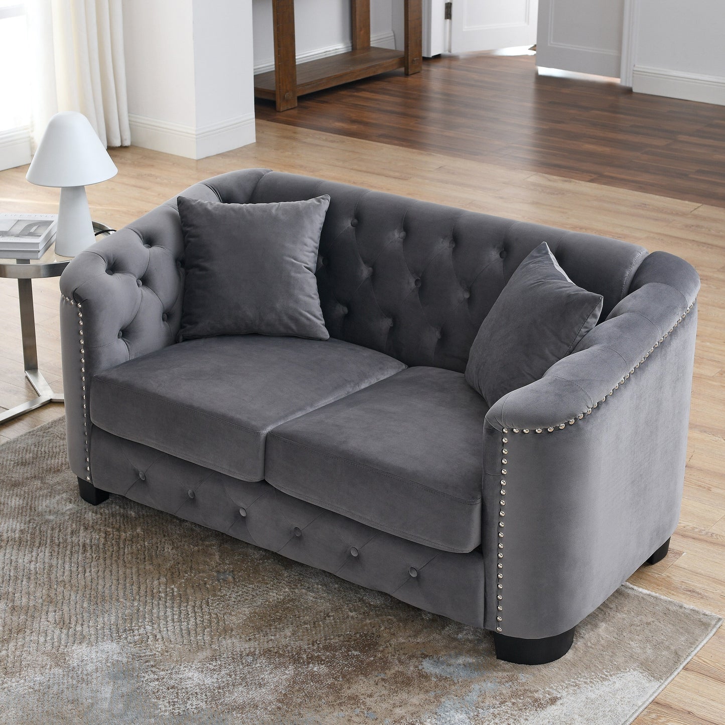 Grey 59'' Modern Velvet 2-Seater Sofa with Tufted Backrest and Nailhead Arms