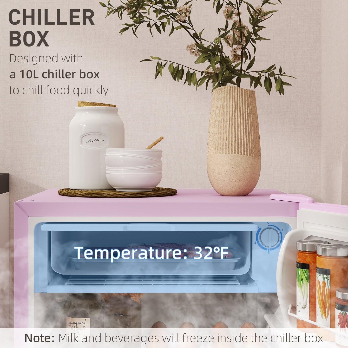 HOMCOM 3.2 Cu.Ft Mini Fridge with Freezer, Single Door Compact Refrigerator with Adjustable Thermostat for Bedroom