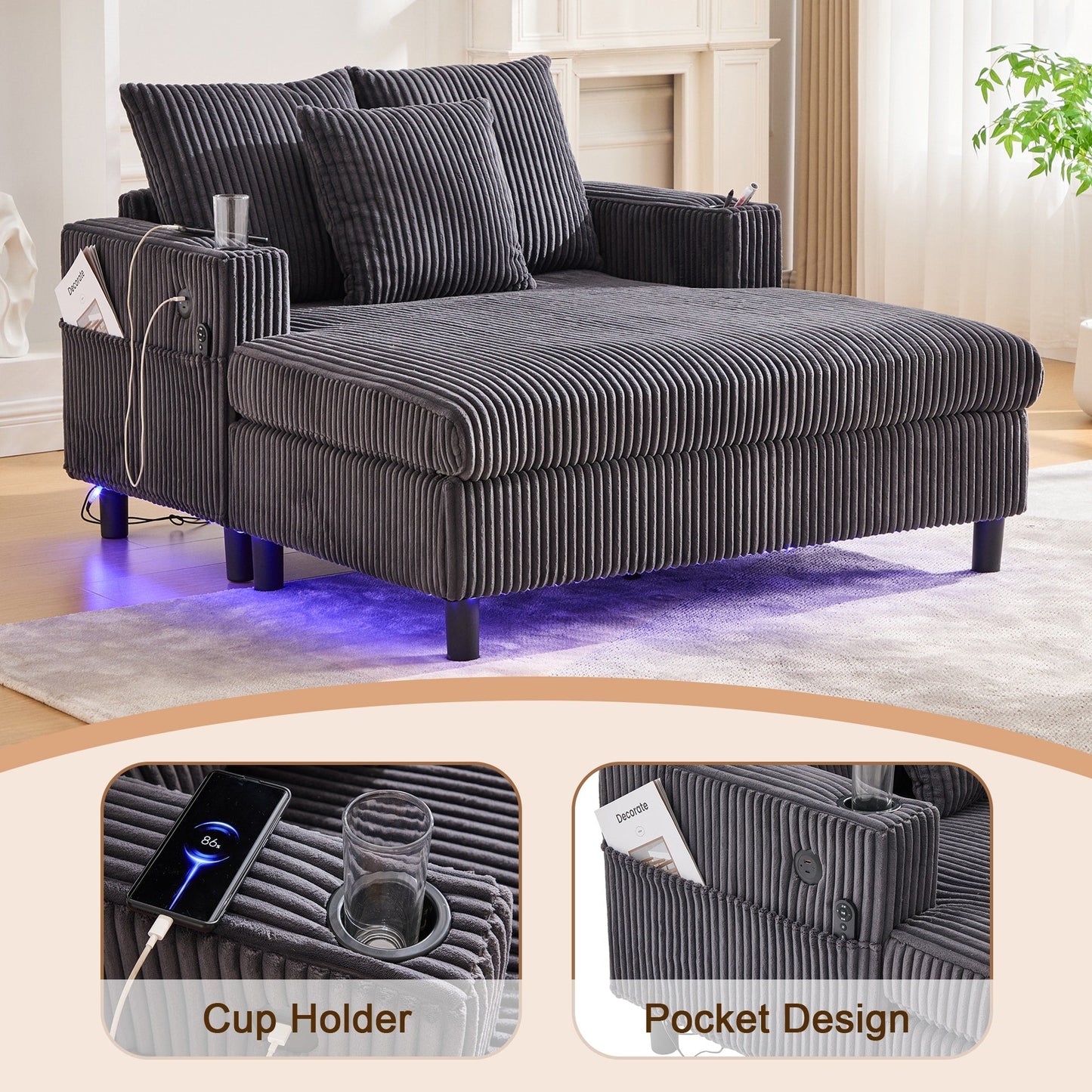 HOMEFUN Corduroy Upholstered Oversized RGB LED Light Recliner Sofa Bed with Cup Holder,USB&3 Pillows