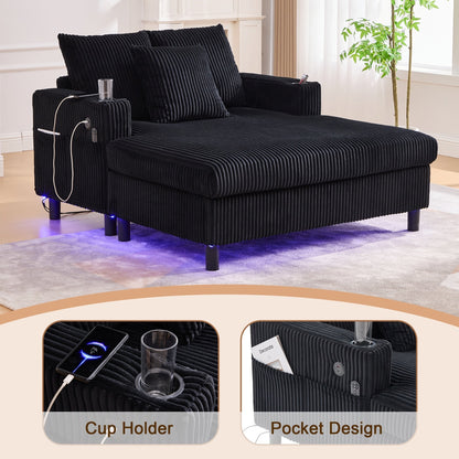 HOMEFUN Corduroy Upholstered Oversized RGB LED Light Recliner Sofa Bed with Cup Holder,USB&3 Pillows