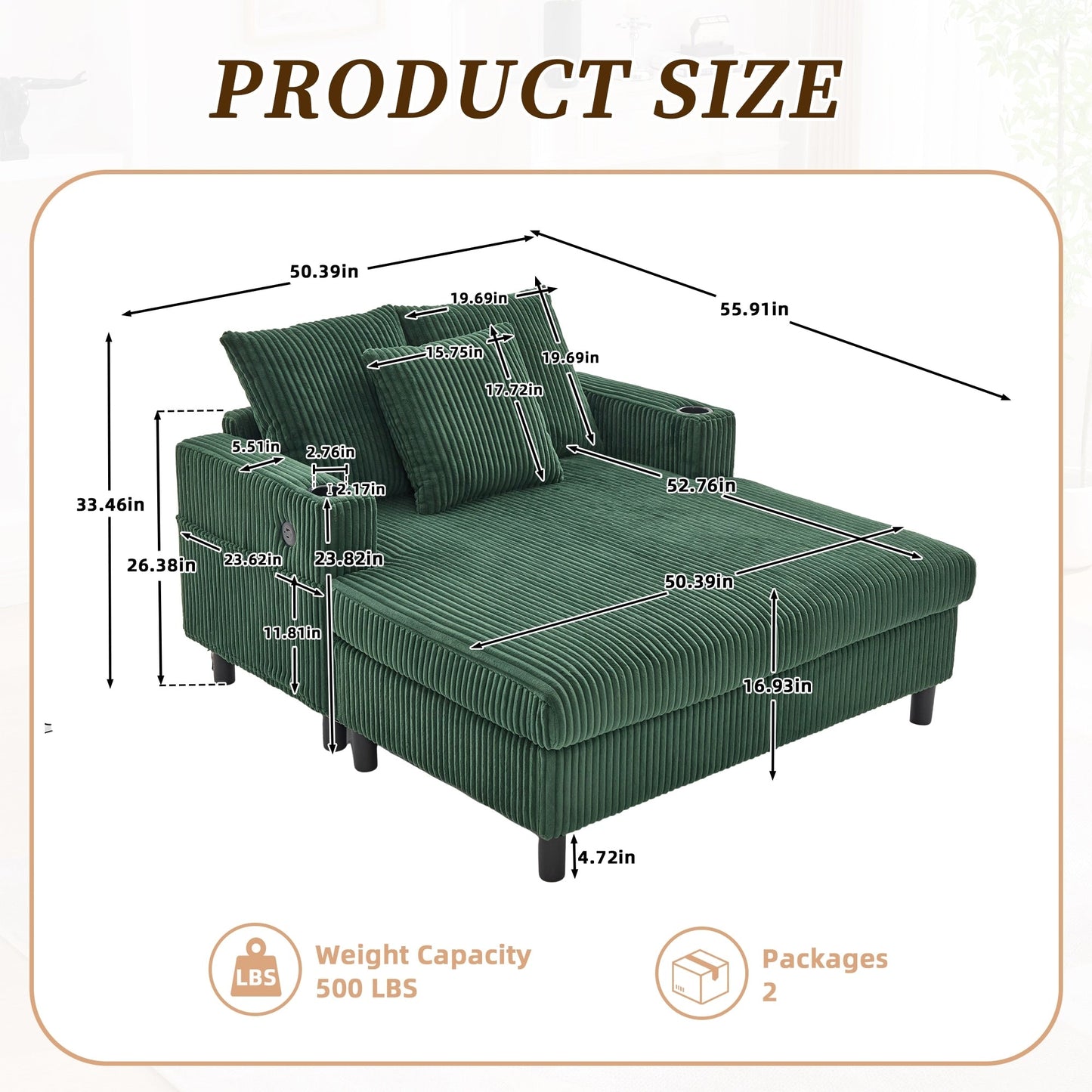 HOMEFUN Corduroy Upholstered Oversized RGB LED Light Recliner Sofa Bed with Cup Holder,USB&3 Pillows