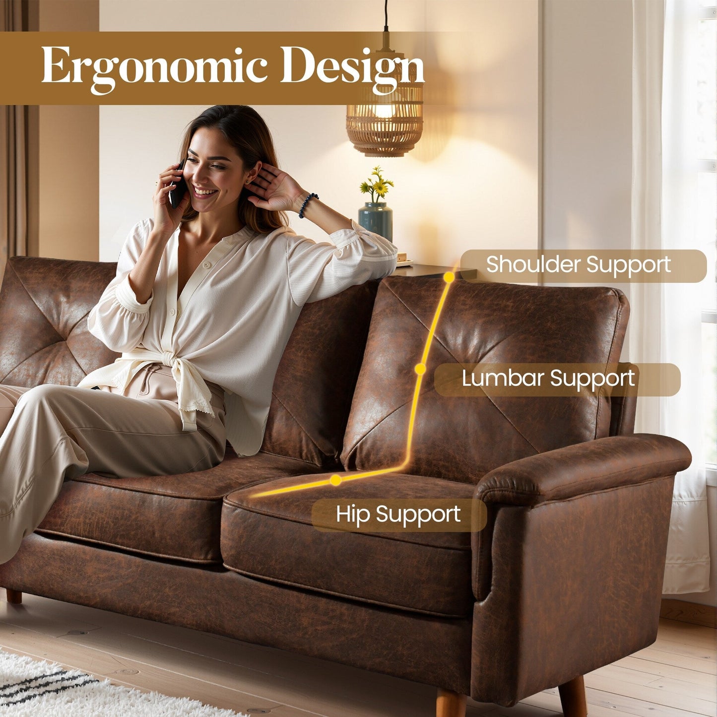 HOOOWOOO Mid-Century 3-Seat Upholstered Sofa with Wood Legs for Living Room