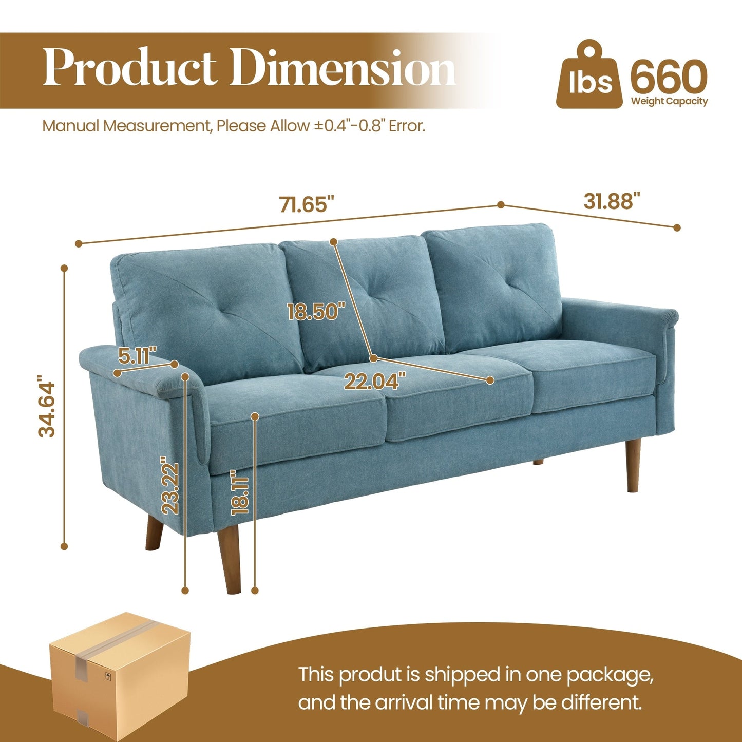 HOOOWOOO Mid-Century 3-Seat Upholstered Sofa with Wood Legs for Living Room
