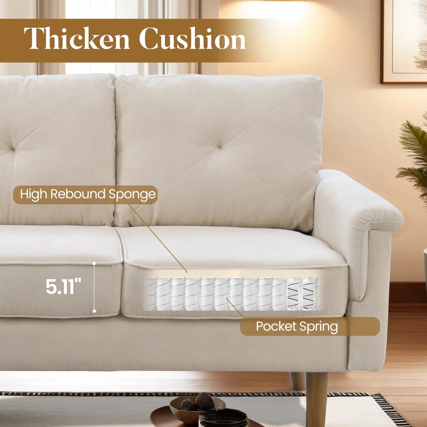 HOOOWOOO Mid-Century 3-Seat Upholstered Sofa with Wood Legs for Living Room