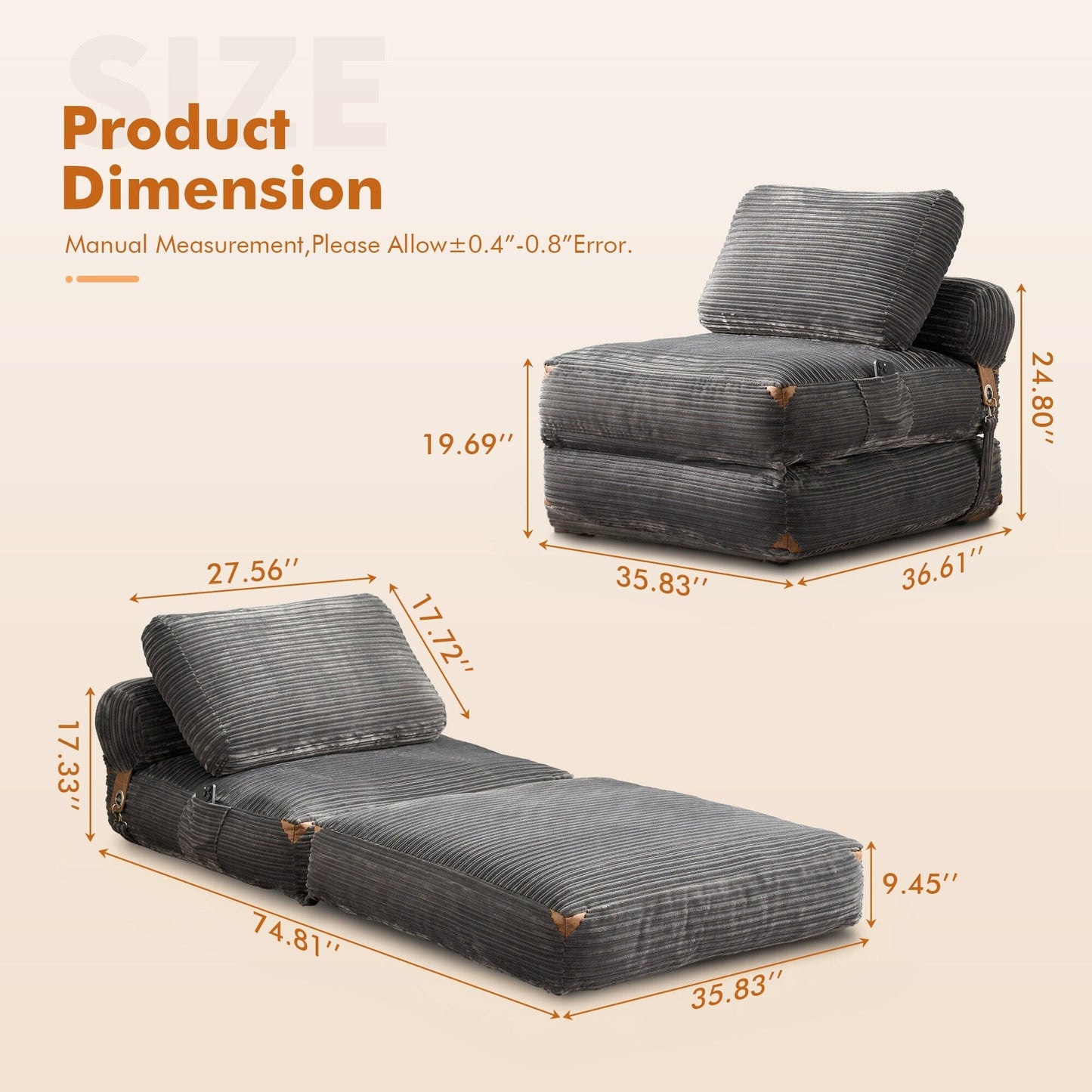 HOOOWOOO Modern Corduroy Fabric Folding Sofa Couch