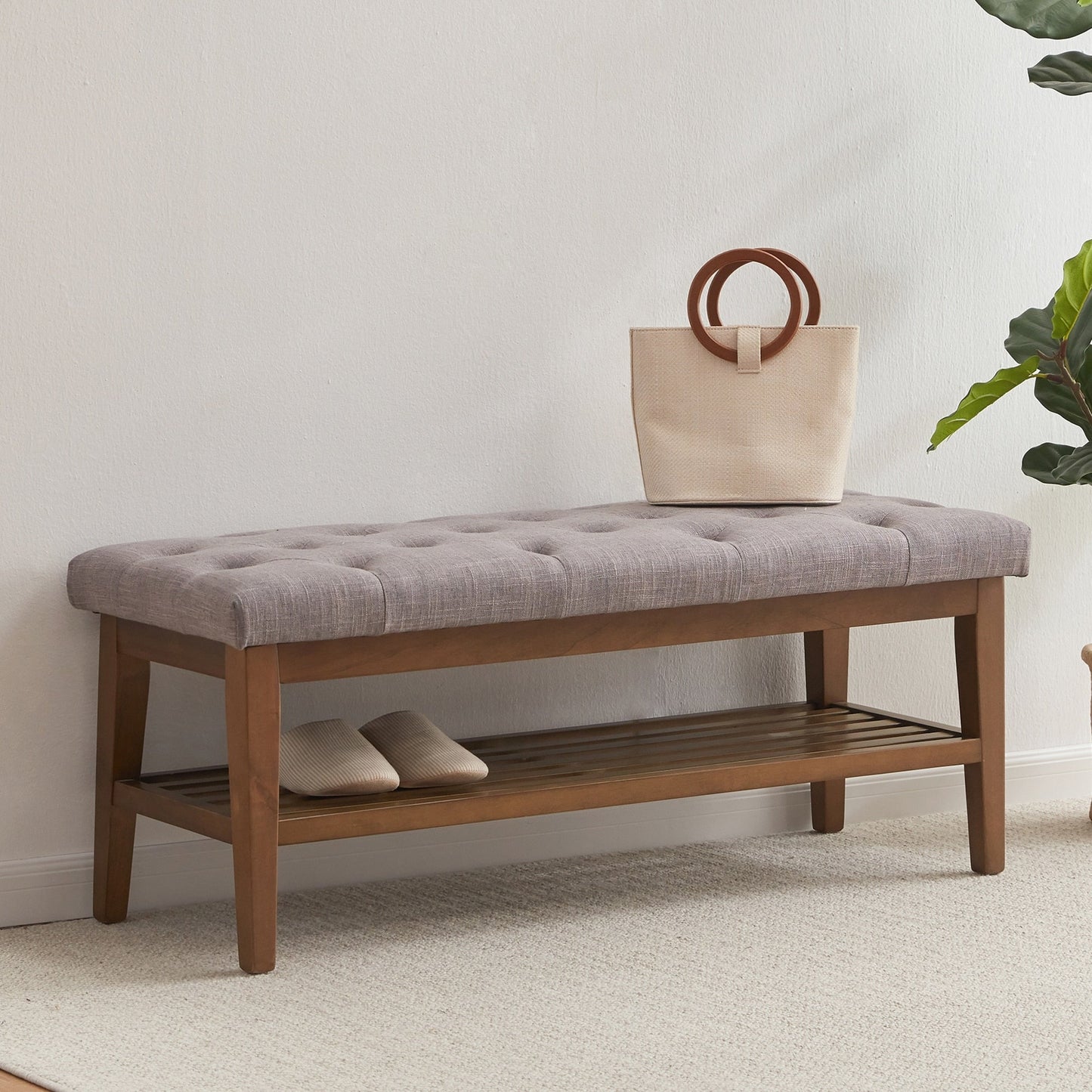 Entryway Shoe Bench Storage Bench Fabric Solid Wood, 43-inch Upholstered Bench for Living Room, Bedrooms