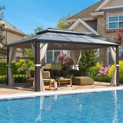 Hardtop Gazebo for Backyard – Permanent Pergola with Netting, Curtains & Double Roof, All-Weather Outdoor Shelter