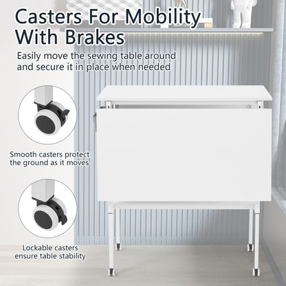 Height Adjustable Craft Table with Storage Shelves, Mobile Folding Cutting Table for Home Office Sewing Room Craft Room