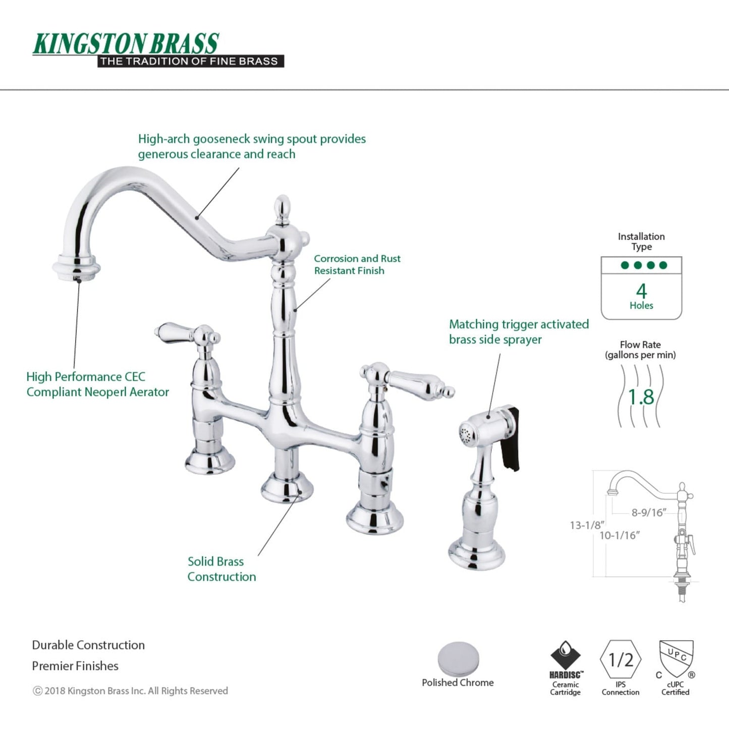 Heritage Bridge Kitchen Faucet with Brass Sprayer