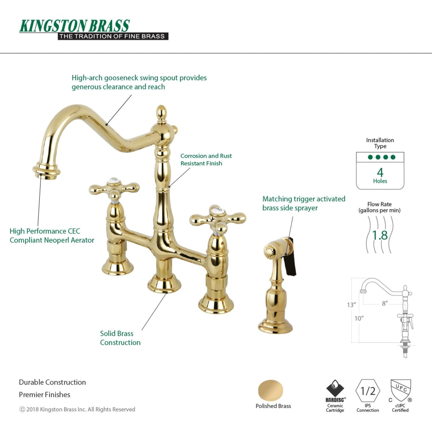 Heritage Bridge Kitchen Faucet with Brass Sprayer