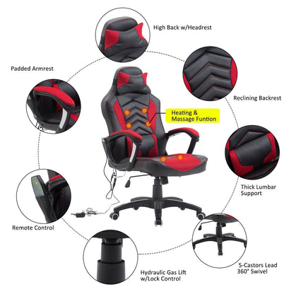 6 Vibrating Point Massage Computer Gaming Chair 5 Modes, Racing Style Heated Desk Chair Swivel Rolling Chair with Headrest