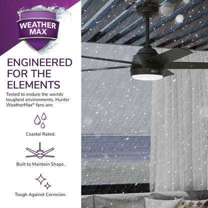 Hunter 52 Skyflow Outdoor Ceiling Fan w/ LED Light Kit, Wall Control - Coastal Modern Contemporary - WeatherMax - WET-RATED!