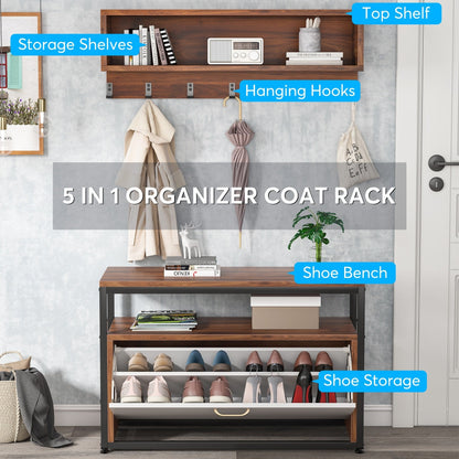 Entryway Coat Rack Shoe Bench Set, Industrial Hall Tree Coat Shoe Rack