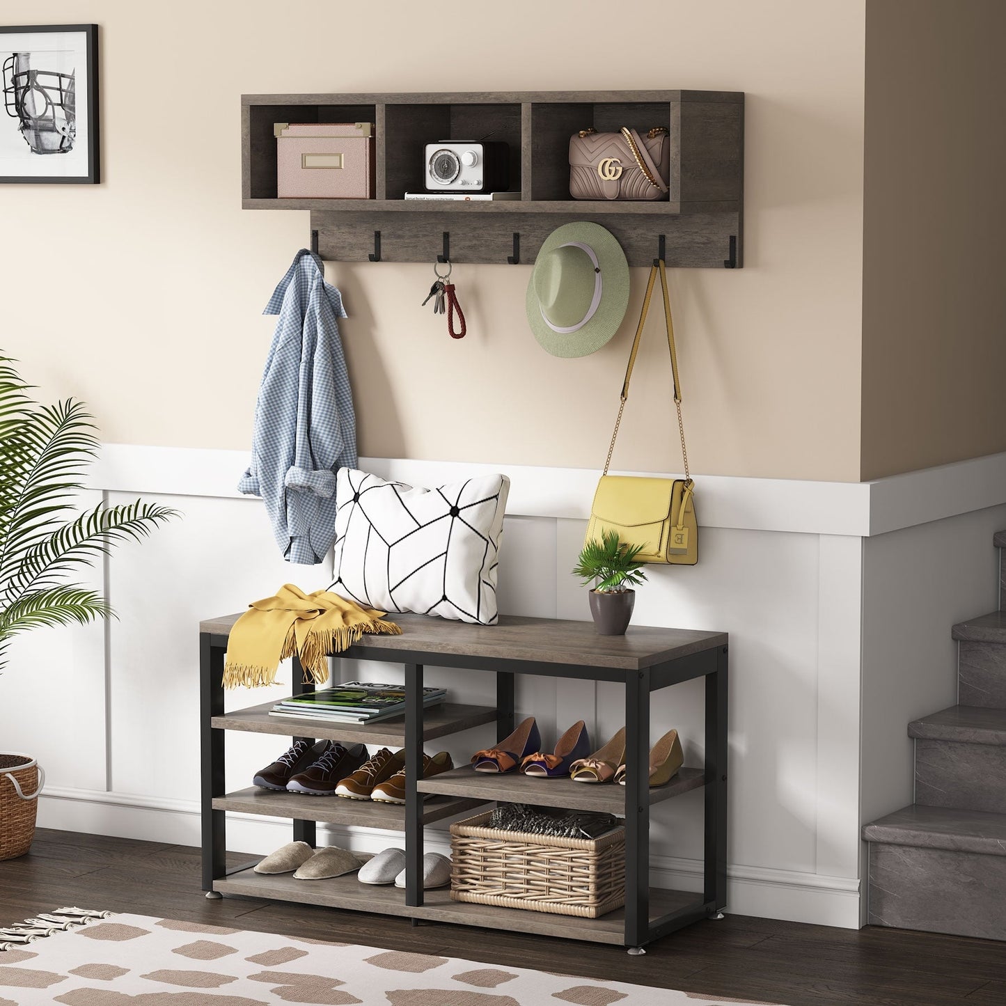 Entryway Coat Rack Shoe Bench Set, Industrial Hall Tree Coat Shoe Rack
