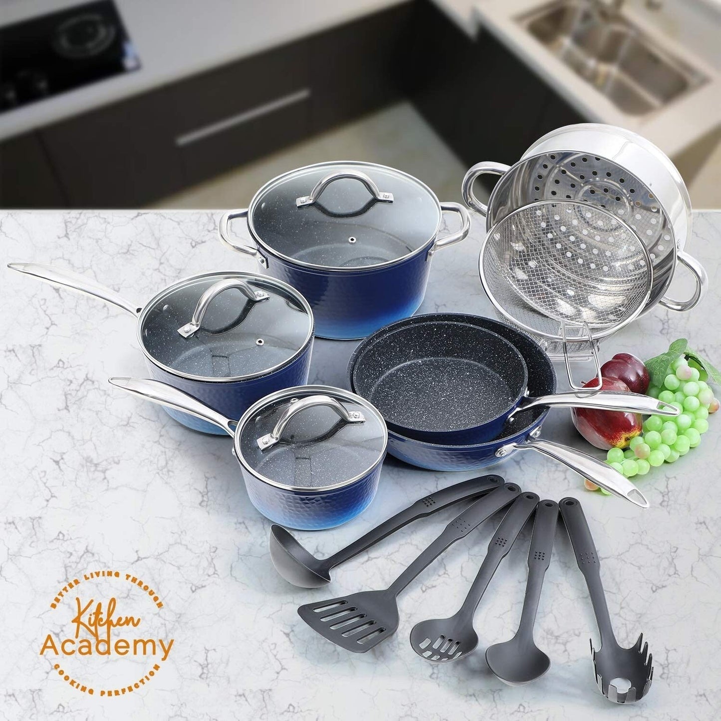 Kitchen Academy 15-piece Nonstick Granite-coated Cookware Set