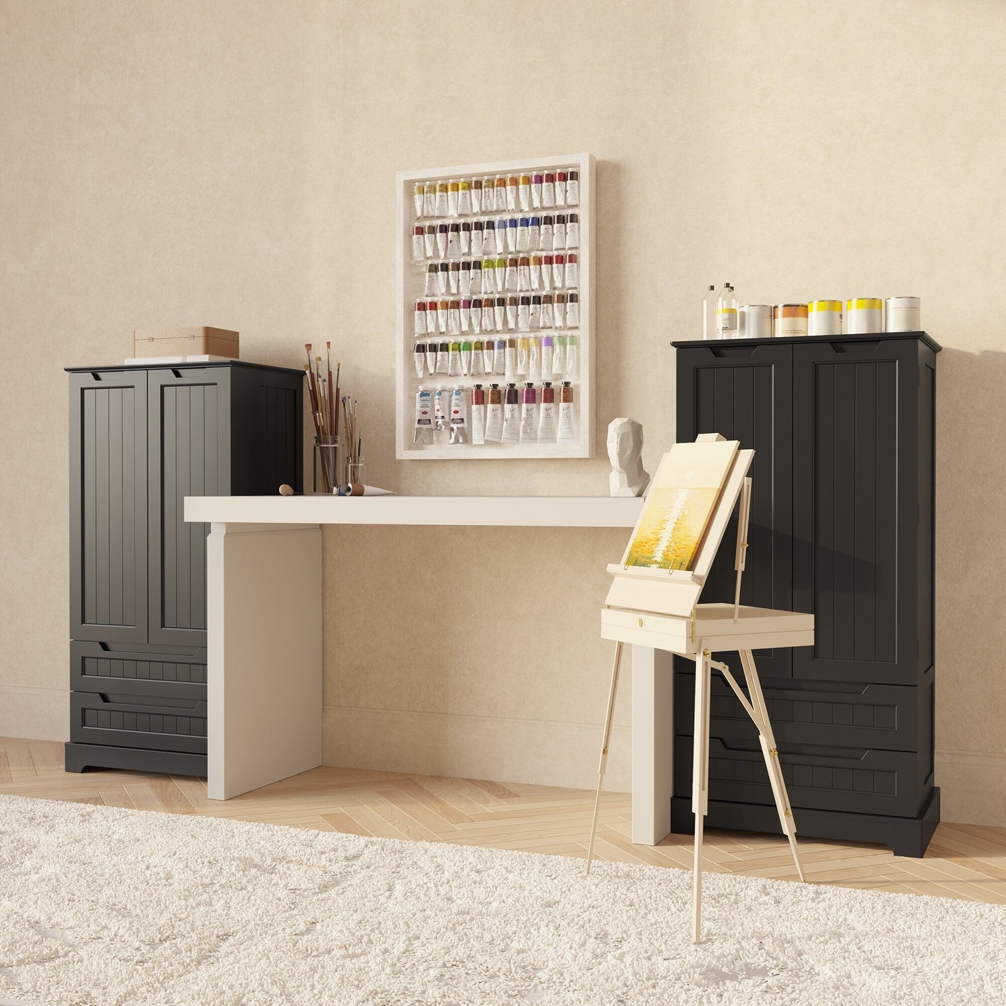 Kitchen Storage Pantry Cabinet, Freestanding Bathroom Storage Cabinet with 2 Doors and Drawers