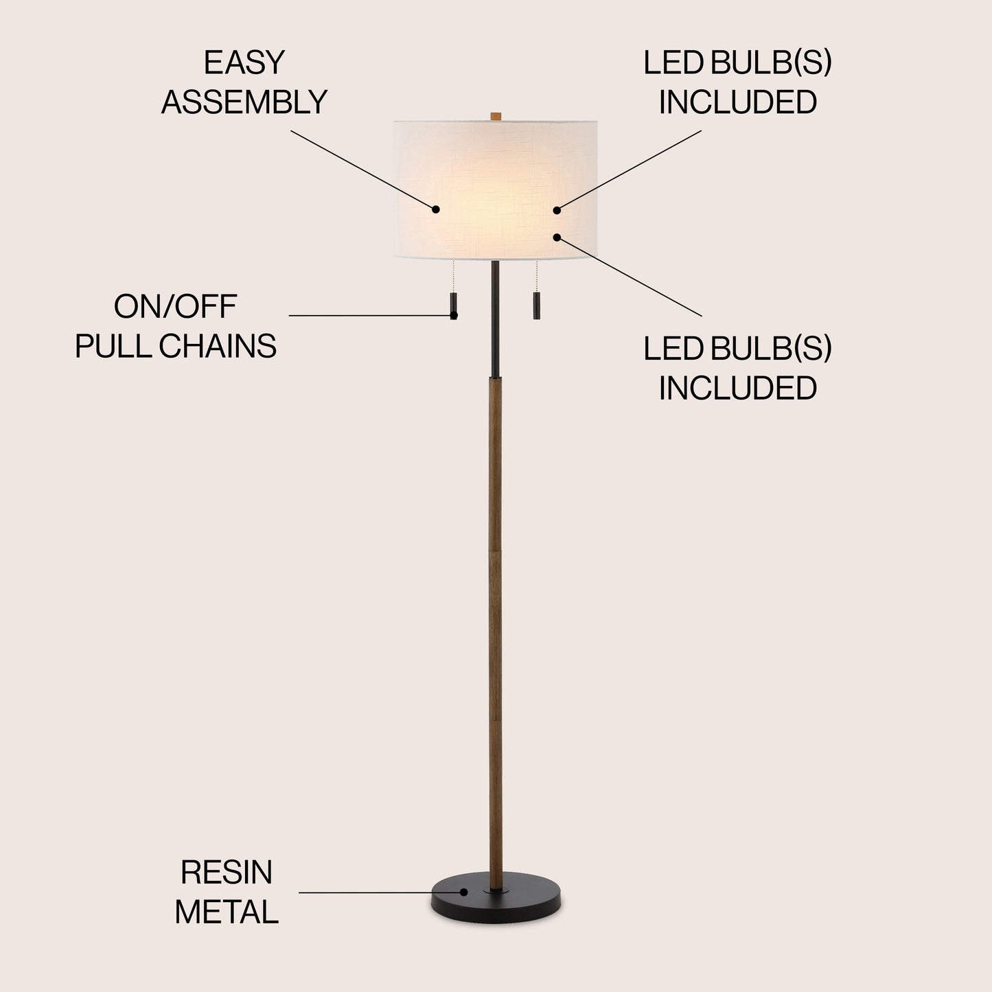Koda 61 Rustic Farmhouse Iron Candlestick Pull Chains LED Floor Lamp, Brown Wood Finish/Black by JONATHAN Y