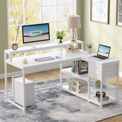 L Shaped Desk with Drawer, Home Office Corner Desk with Storage Shelves and Monitor Stand, Rustic PC Desk for Small Space