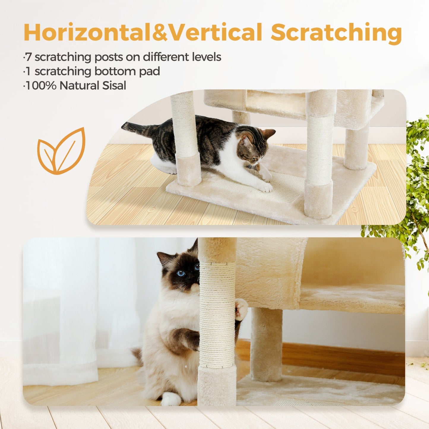 Large Cat Tower Cat Condo with Scratching Posts and Pads, 2 Padded Perch, Dual Condo and Basket