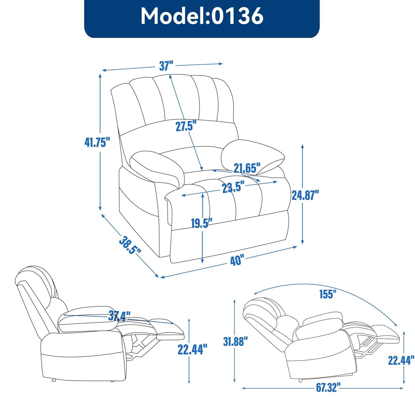 Large Manual Recliner Chair for Adult, Comfortable Fabric Single Recliner Sofa, Overstuffed Reclining Chair for Living Room