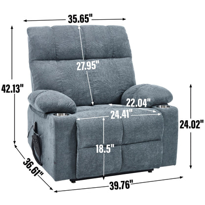 Lazy Boy Dual Motor Chenille Power Lift Recliner w/Massage and Lumbar Heating, Dual Cup Holders, Grey-Blue