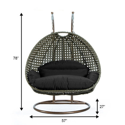 LeisureMod 2 Person Hanging Egg Chair with Stand - Outdoor/Indoor Rattan Wicker Patio Swing Hammock Lounger with Cushions