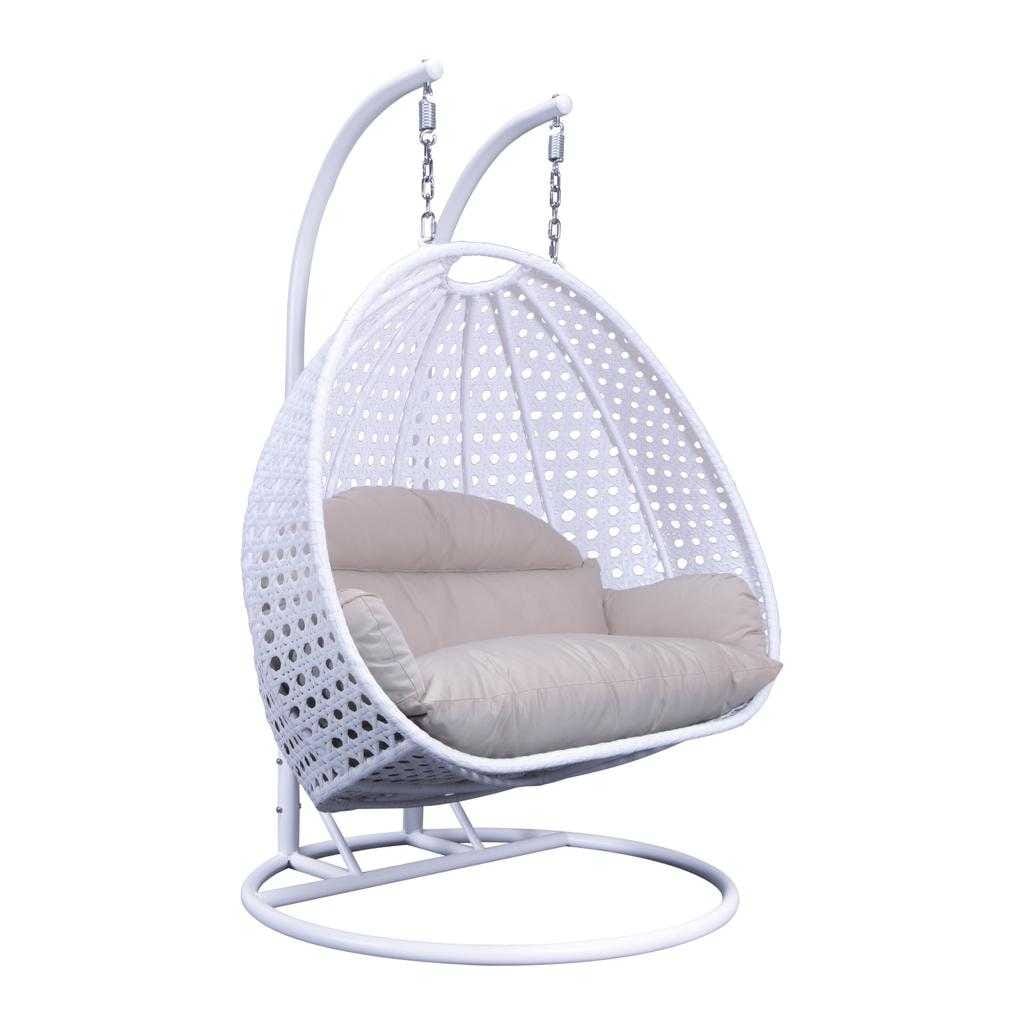 LeisureMod 2 Person Hanging Egg Chair with Stand - Outdoor/Indoor Rattan Wicker Patio Swing Hammock Lounger with Cushions