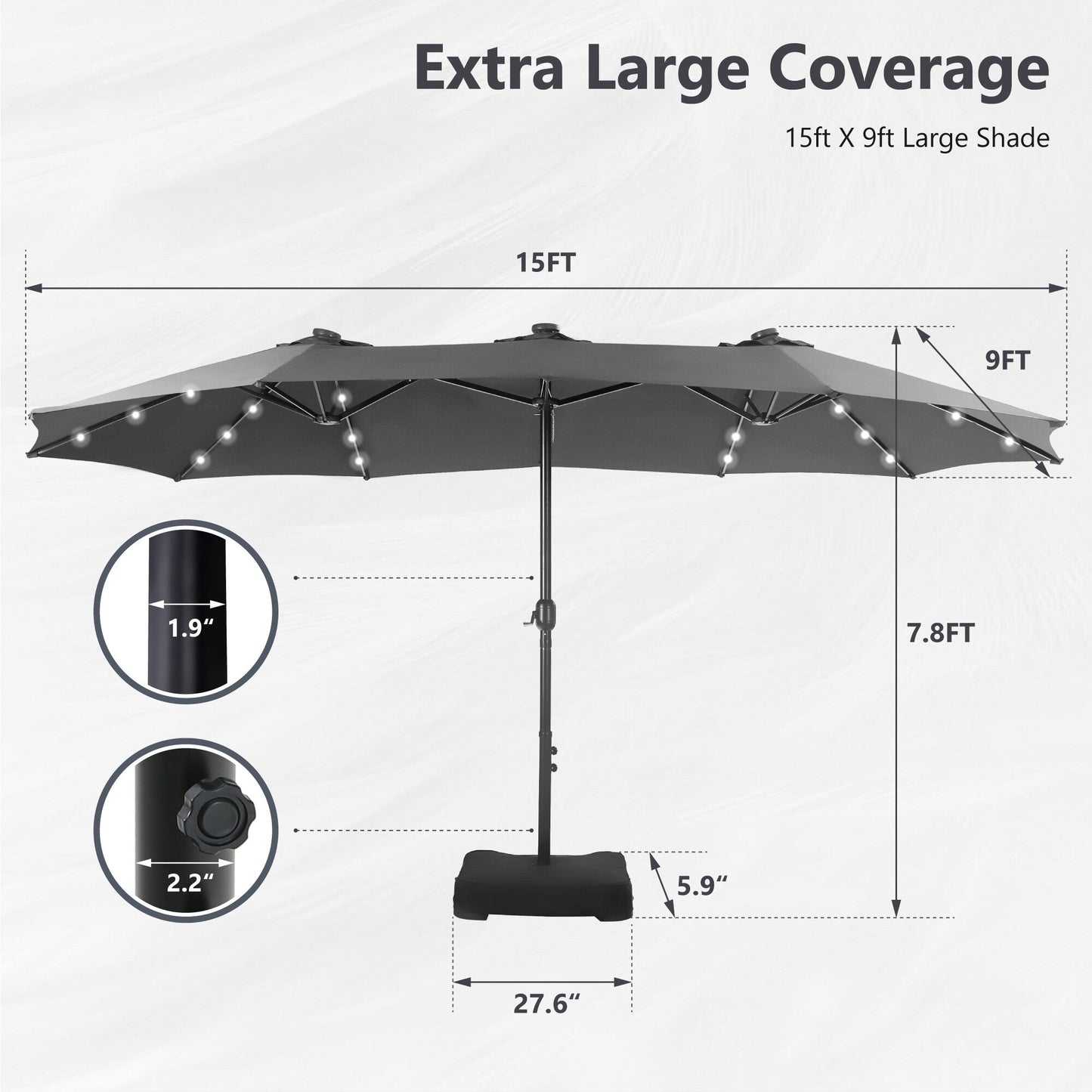 MAISON ARTS 15-foot Rectangular Crank Double-sided Outdoor Market Umbrella Solar LED Lighted Patio Umbrella with Base Included