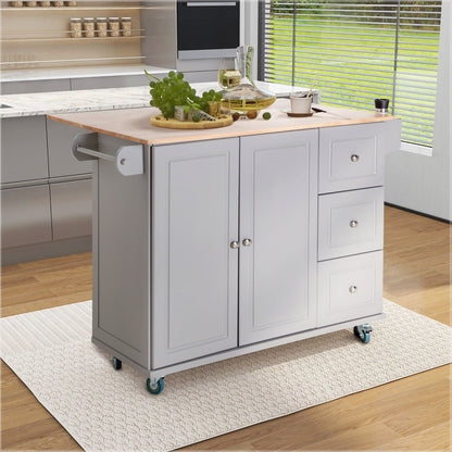 Sophia & William Kitchen Island Cart with Drop-Leaf and Rubber Wood Top, Rolling Kitchen Trolley Cart with Large Storage Cabinet