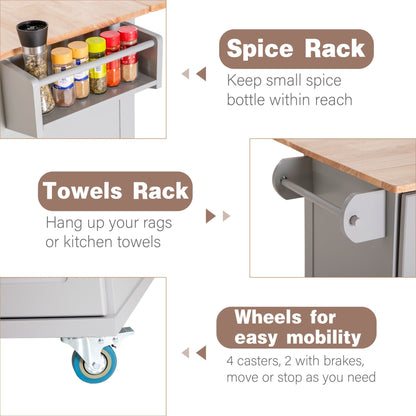 Sophia & William Kitchen Island Cart with Drop-Leaf and Rubber Wood Top, Rolling Kitchen Trolley Cart with Large Storage Cabinet