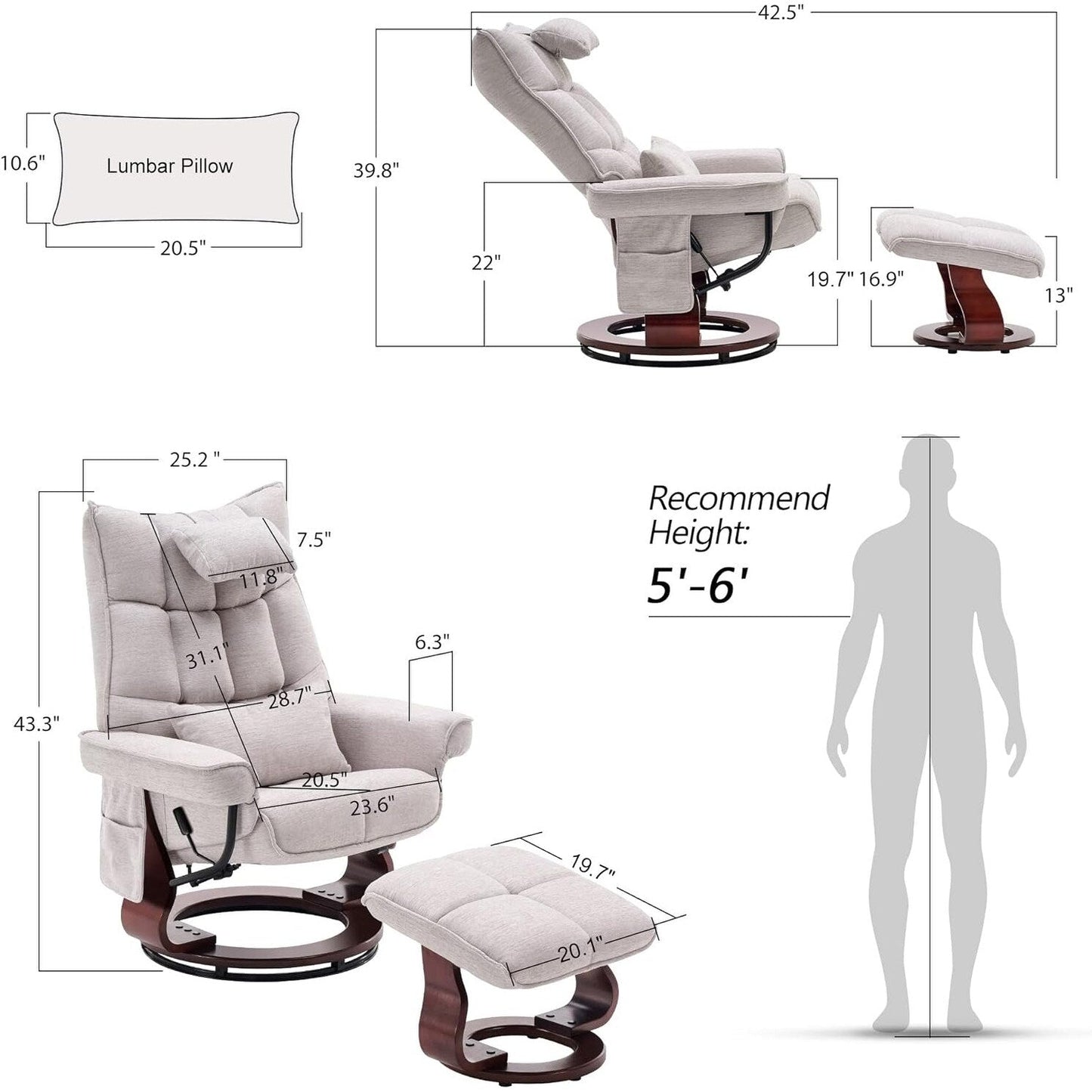 MCombo Set of 2 Swivel Recliner with Ottoman and Neck Pillow,Chenille Fabric