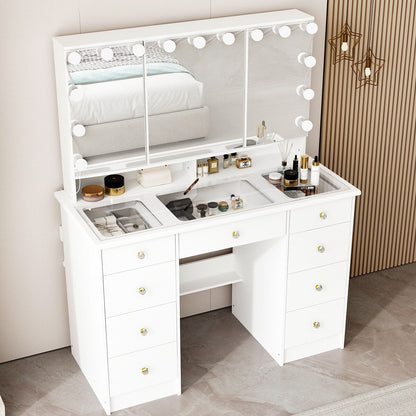 Makeup Vanity w/Tri-Fold Mirror Certified Lighting Glass Top Dresser