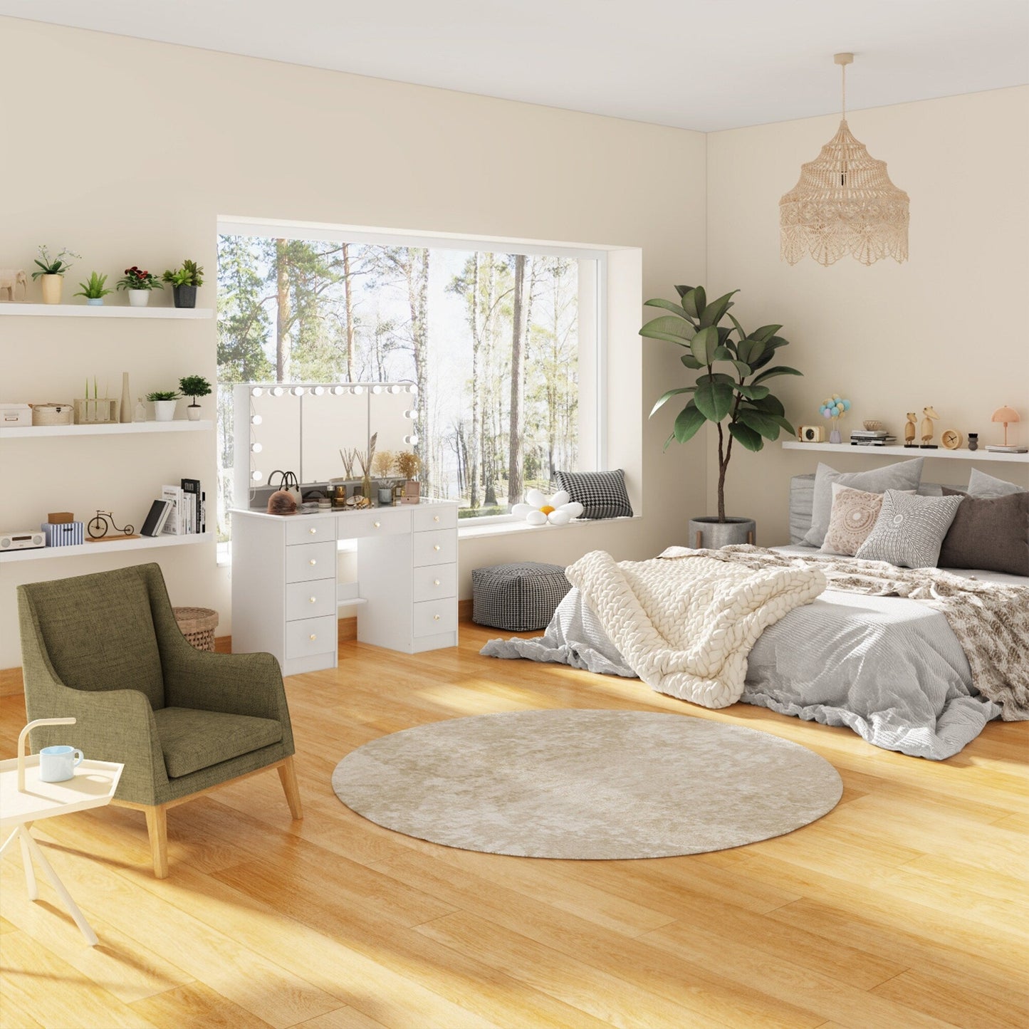 Makeup Vanity w/Tri-Fold Mirror Certified Lighting Glass Top Dresser