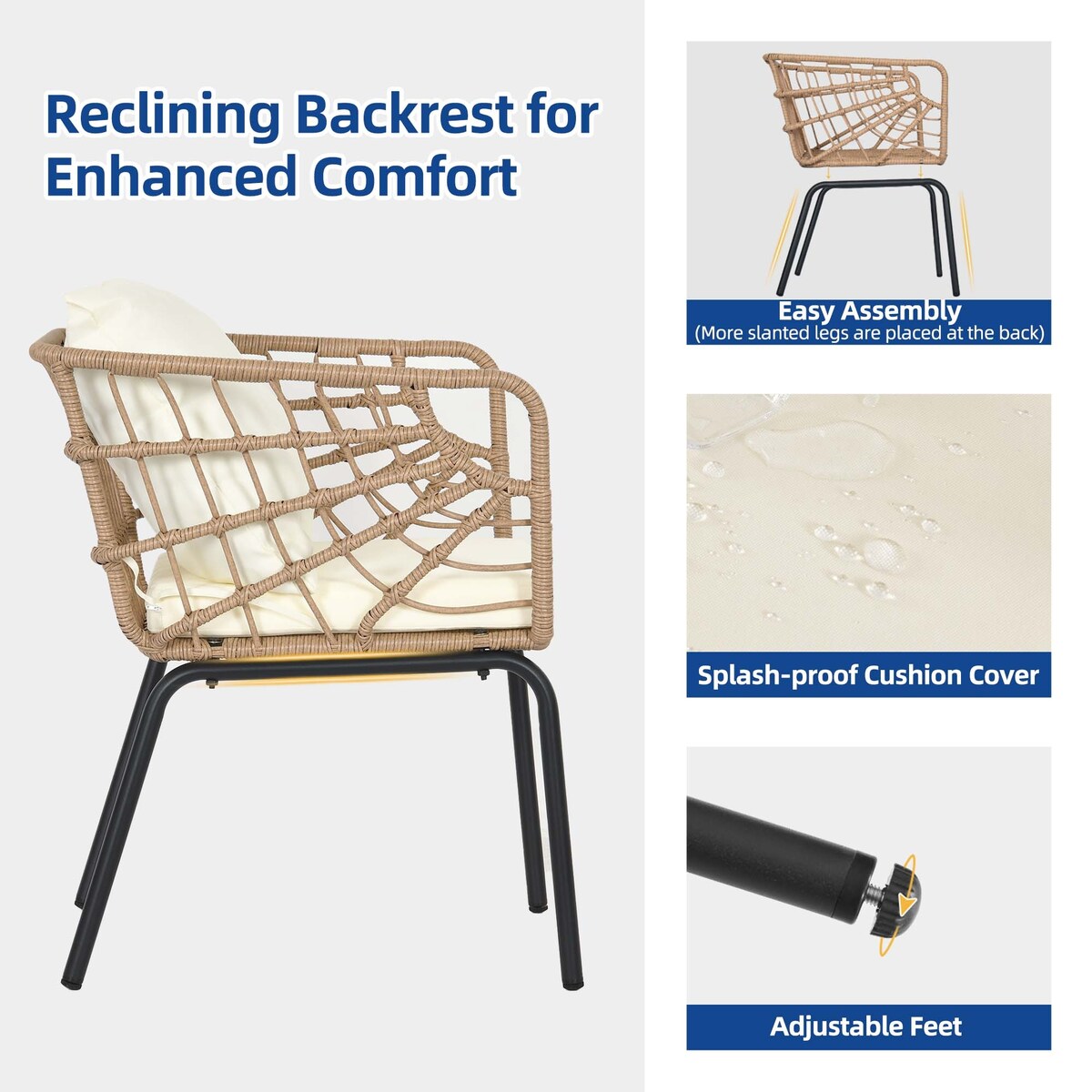 Moasis 3 Pieces Outdoor Wicker Furniture Patio Bistro Set with 2 Chairs and Coffee Table