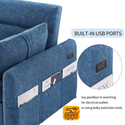 Modern 2 Seat Couch, Microfiber Pull Out Sleep Sofa Bed wih Adjsutable Backrest, Storage Pockets, 2 Soft Pillows, USB Ports