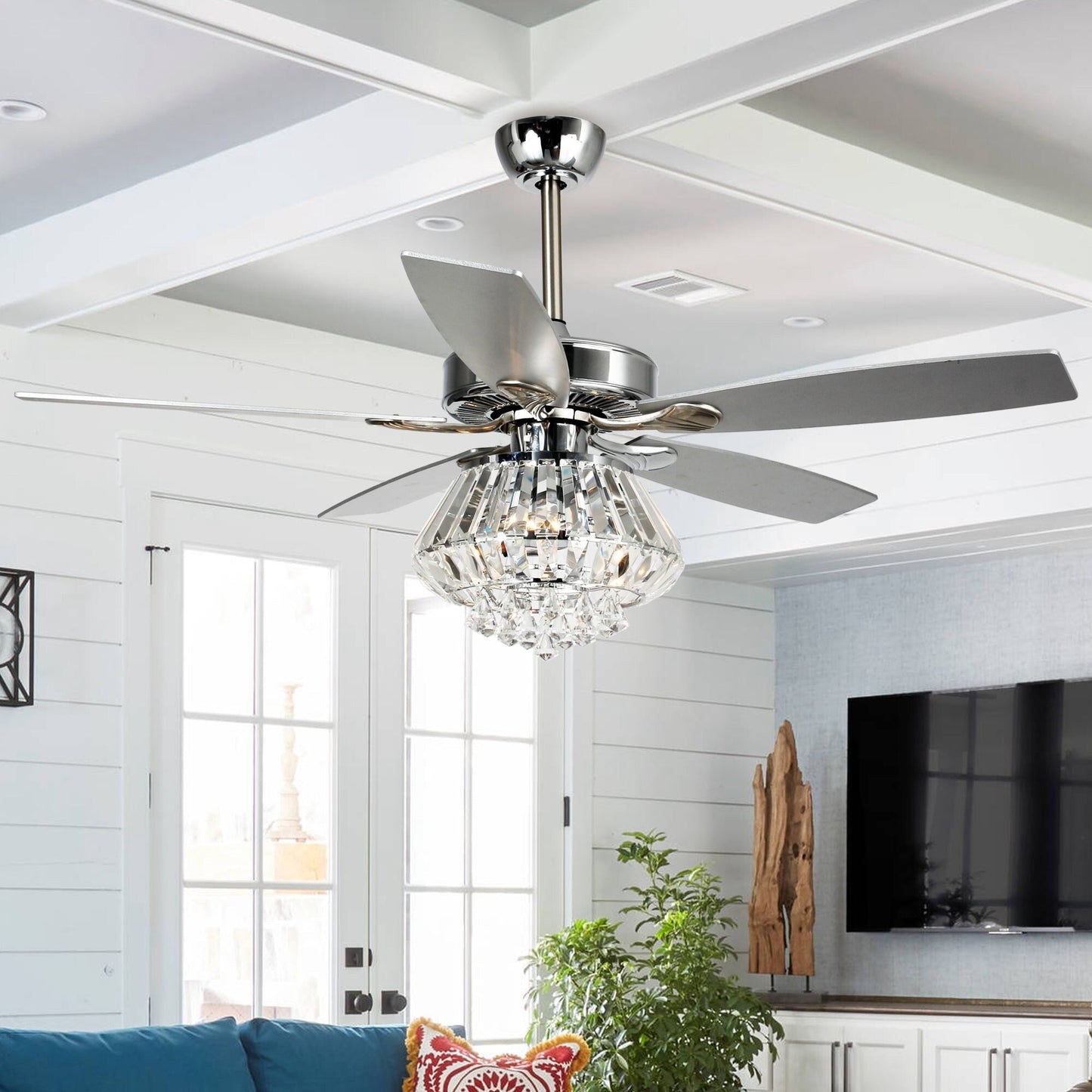 Modern Chrome 52-inch Crystal Chandelier Ceiling Fan with Remote