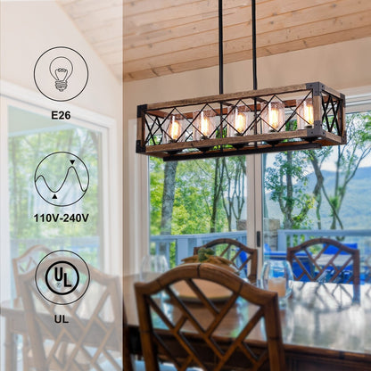 Modern Farmhouse 5-Light Wood Rectangle Chandelier Seeded Glass Kitchen Island Lights for Dining Room - 31.5 L x 8.75 W x 8 H
