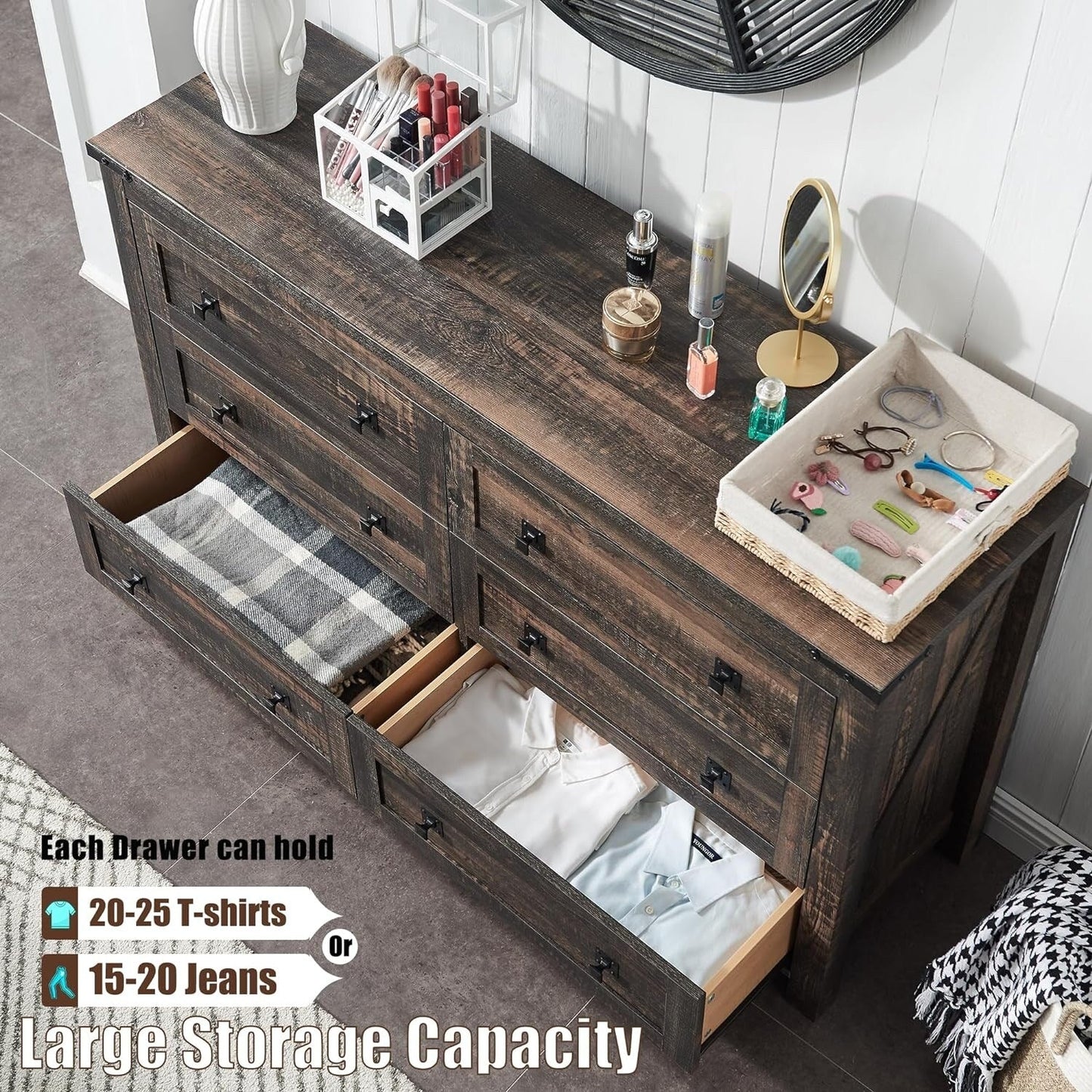 Farmhouse 6 Drawer Dresser, Wood TV Stand, Chest of Drawers