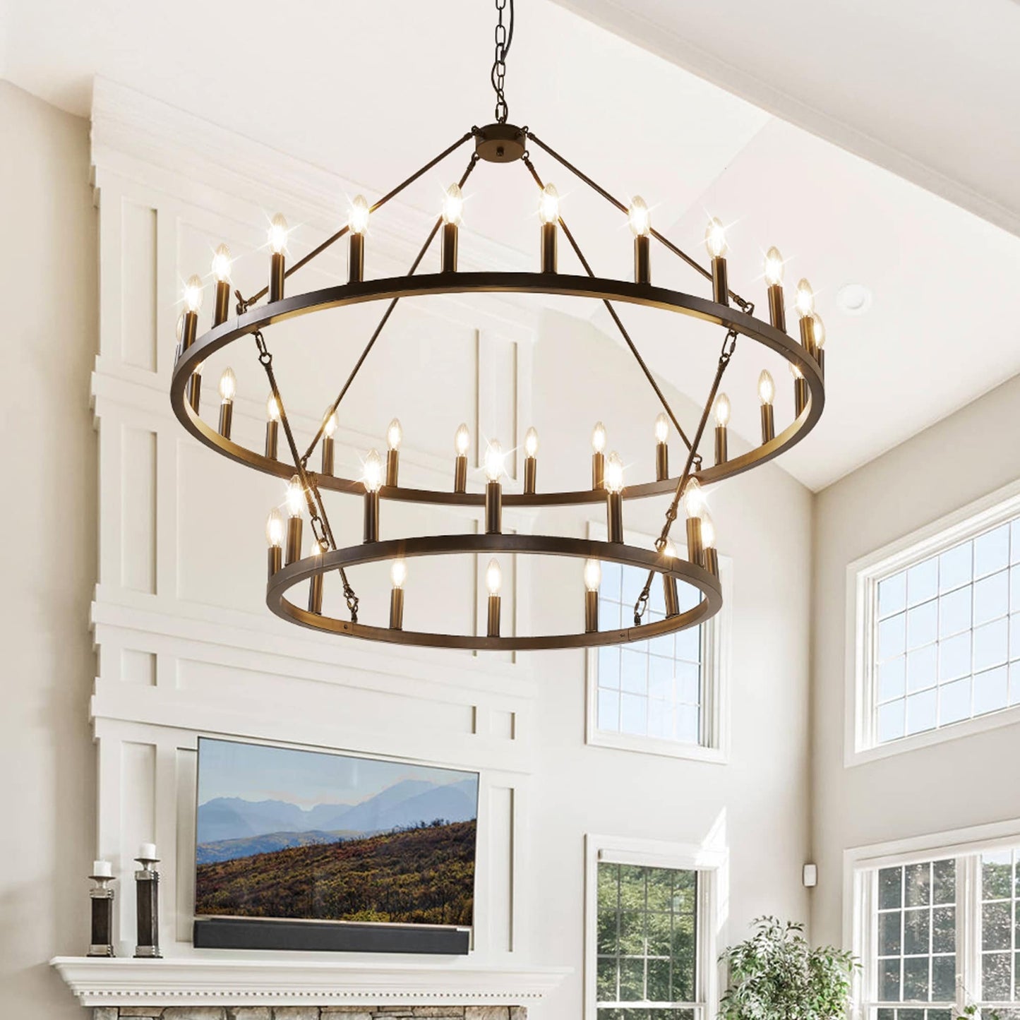 Modern Farmhouse Chandelier 2 Tier Round Wagon Wheel Chandelier Large High Ceiling Light.