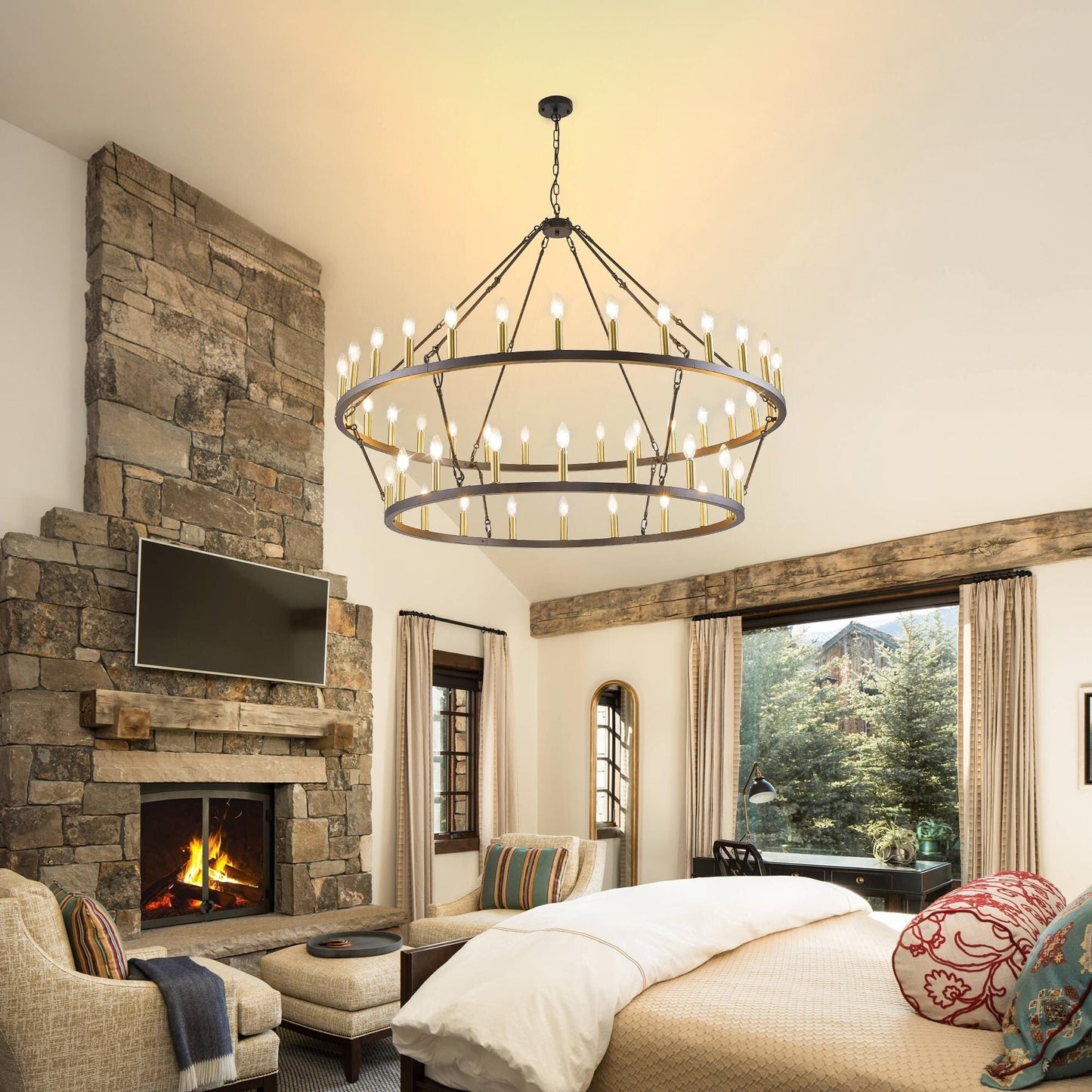 Modern Farmhouse Chandelier 2 Tier Round Wagon Wheel Chandelier Large High Ceiling Light.