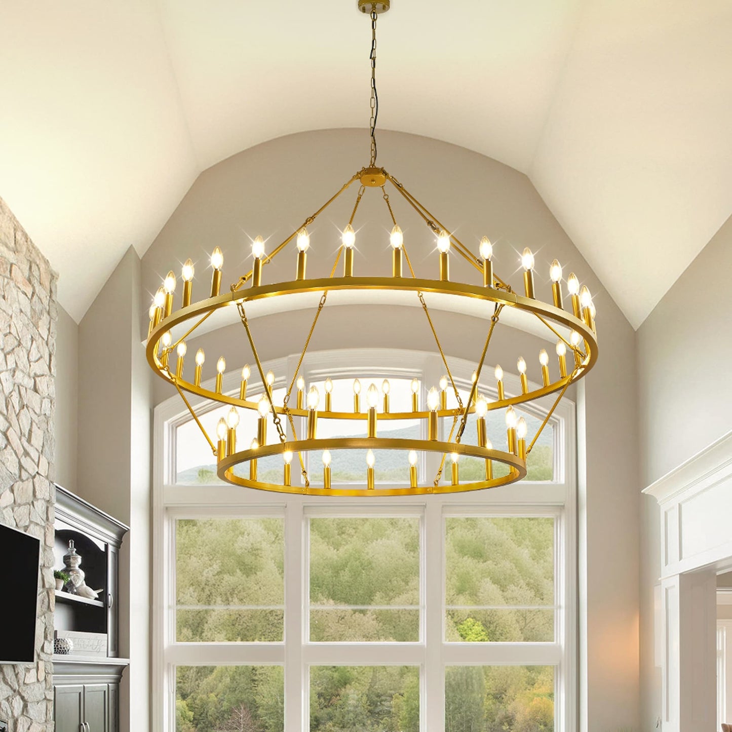 Modern Farmhouse Chandelier 2 Tier Round Wagon Wheel Chandelier Large High Ceiling Light.