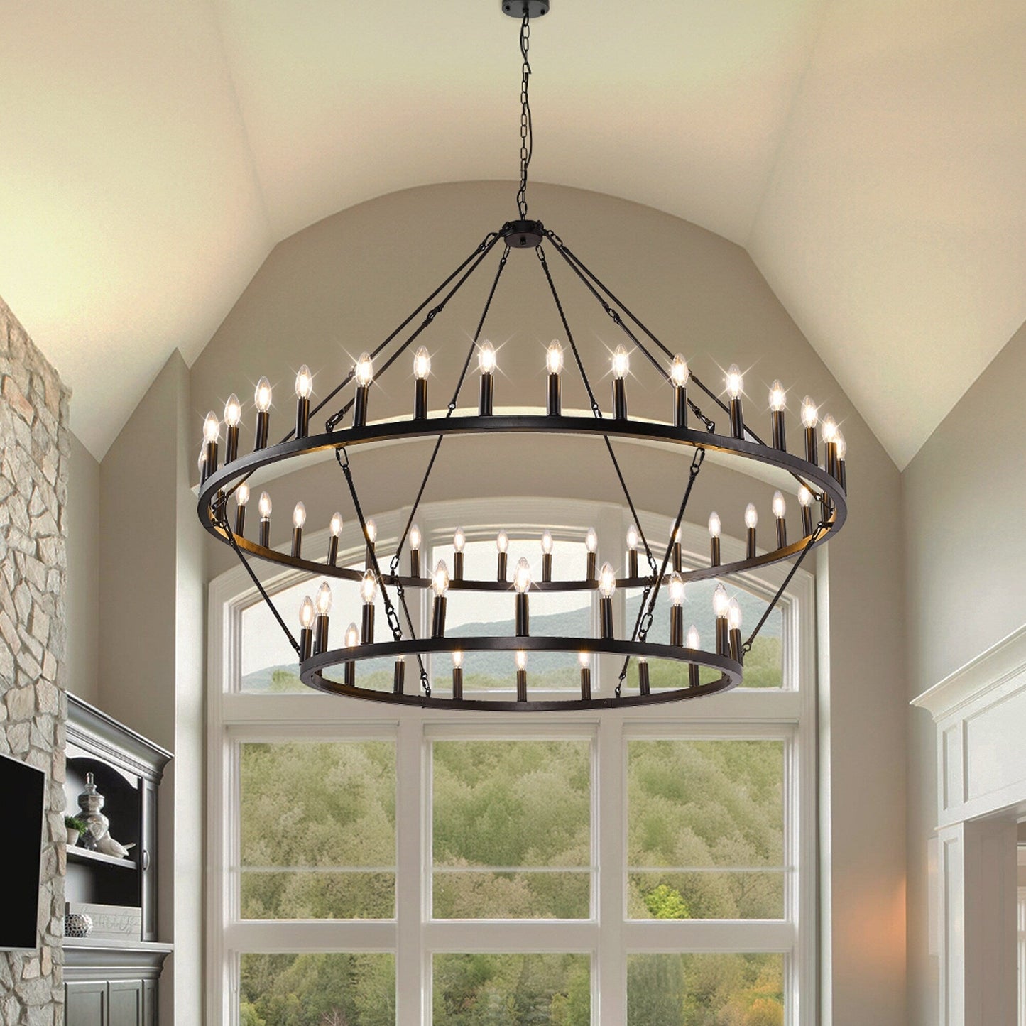 Modern Farmhouse Chandelier 2 Tier Round Wagon Wheel Chandelier Large High Ceiling Light.