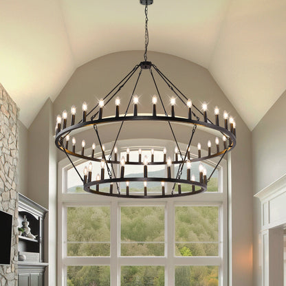 Modern Farmhouse Chandelier 2 Tier Round Wagon Wheel Chandelier Large High Ceiling Light.
