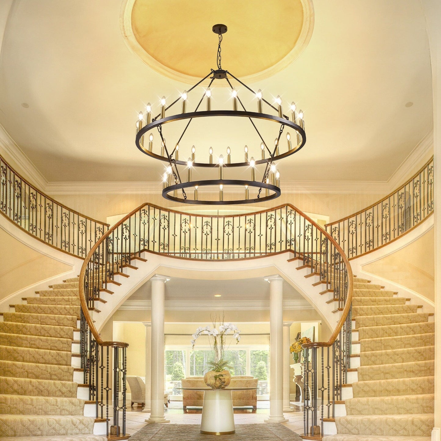 Modern Farmhouse Chandelier 2 Tier Round Wagon Wheel Chandelier Large High Ceiling Light.