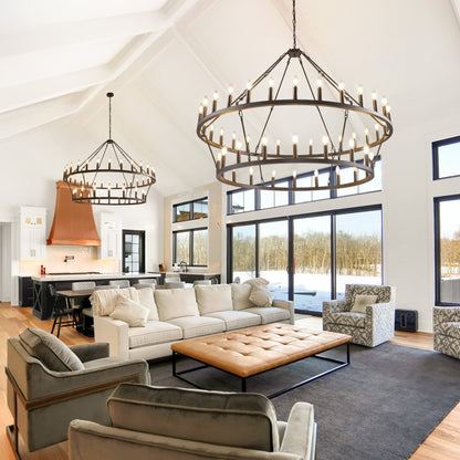 Modern Farmhouse Chandelier 2 Tier Round Wagon Wheel Chandelier Large High Ceiling Light.