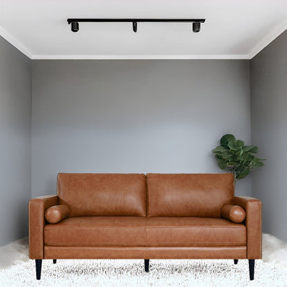 Modern Genuine Leather Sofa with Wooden Legs & Additional Bolster Pillow