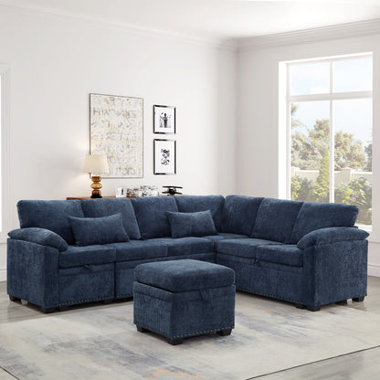 Modern L-Shaped Chenille Sectional Sofa with Pull-Out Sleeper, Storage Seats, Ottoman and 2 Pillows for Living Room